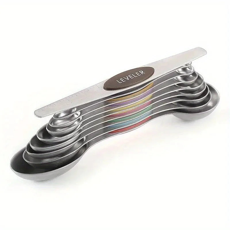 Stainless Steel Double-Headed Measuring Spoon Set with Magnetic Suction - 9 Pieces