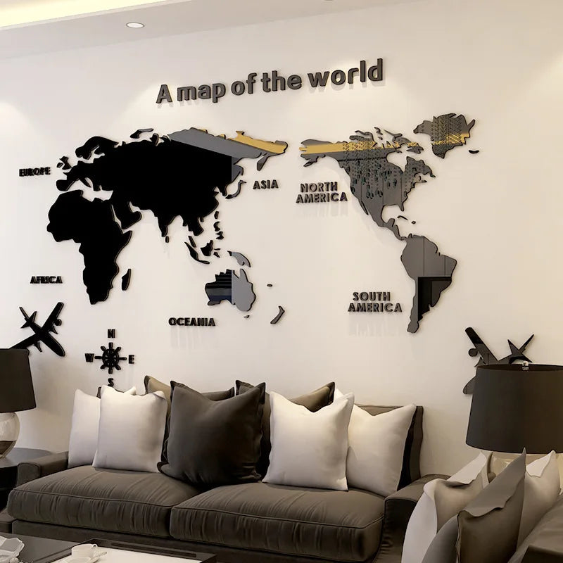 3D Wall Decal World Map Acrylic Sticker for Office Living Room Study Interior Decoration
