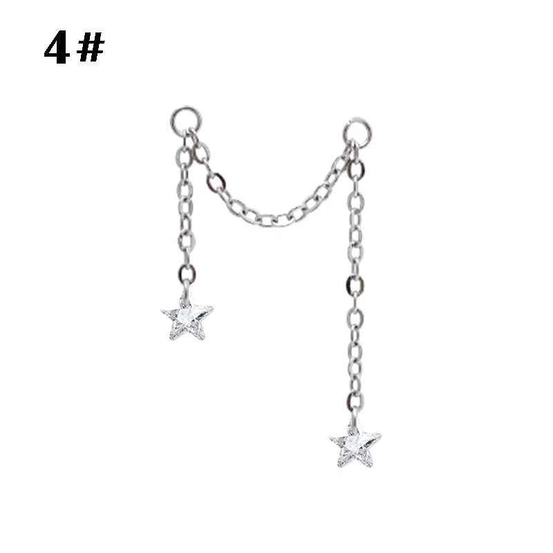 Stainless Steel Chain Ear Stud with Zircon Stars & Hearts - Cartilage Piercing Jewelry