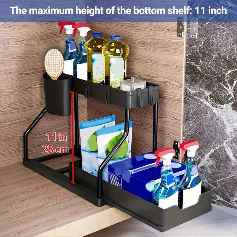 R-Shaped 2-Tier Pull Out Storage Box - Large Capacity Kitchen & Bathroom Organizer