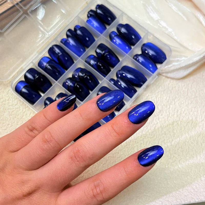 Glossy Dark Blue Cat Eye False Nails Set - Sparkly Medium Oval Press On Nails