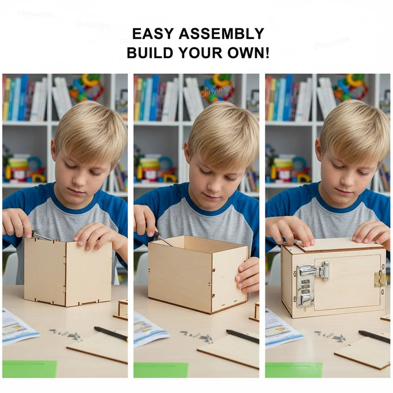 DIY Wooden Mechanical Password Box Kit with Combination Lock - Educational Money Bank for Kids