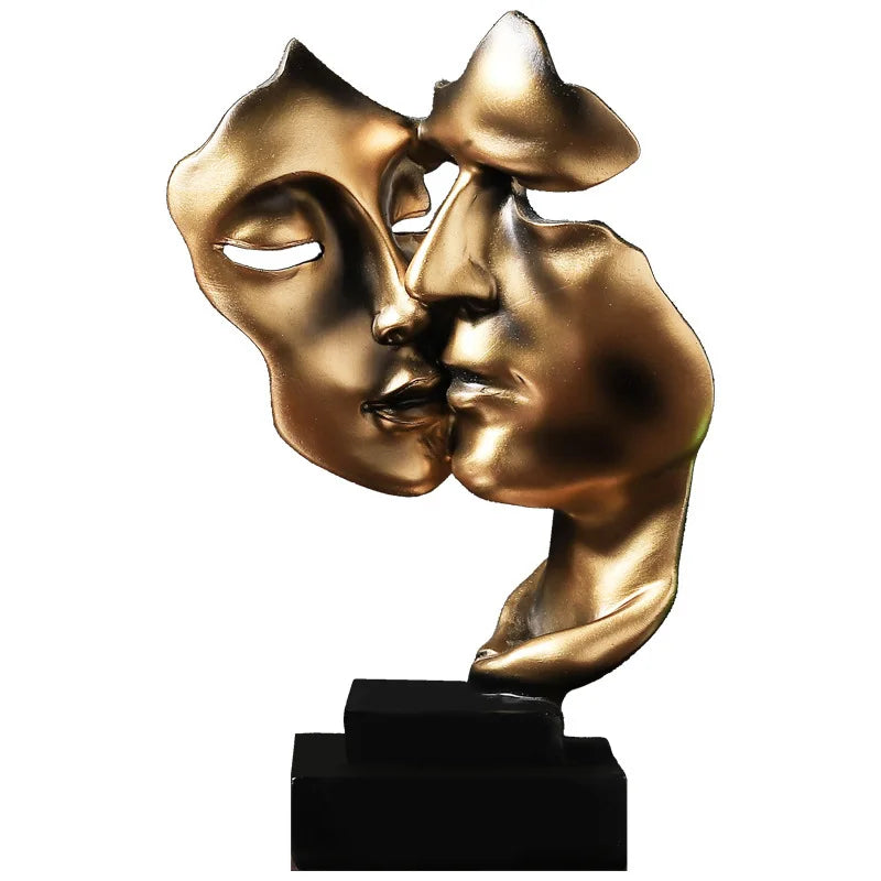 Modern Resin Mask Sculpture - Double Sided Face Statue for Home & Office Decor, Gold & Black, 27cm
