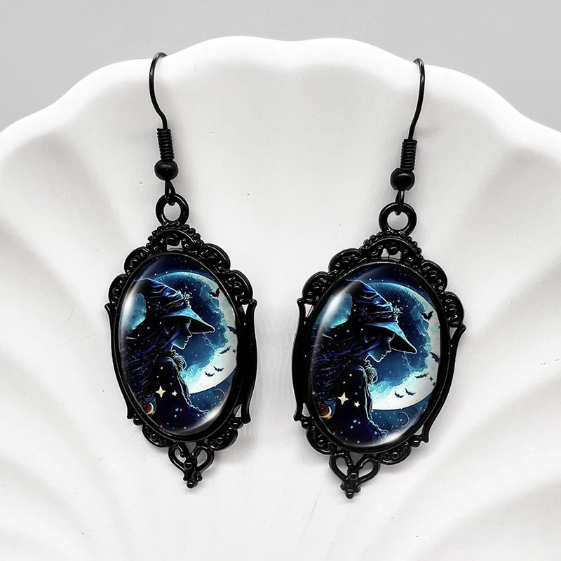 Gothic Halloween Black Cat Witch Crow Skull Dangle Earrings for Women Girls
