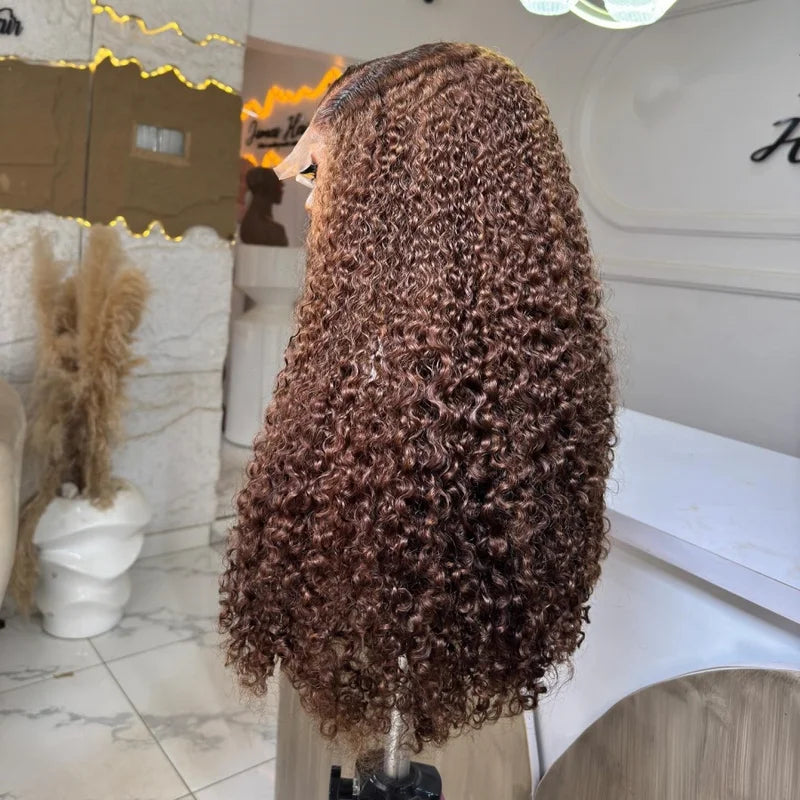 Short Curly Bob Wig 16 Inch Chocolate Brown HD Transparent Lace Frontal Deep Wave Pre-Plucked