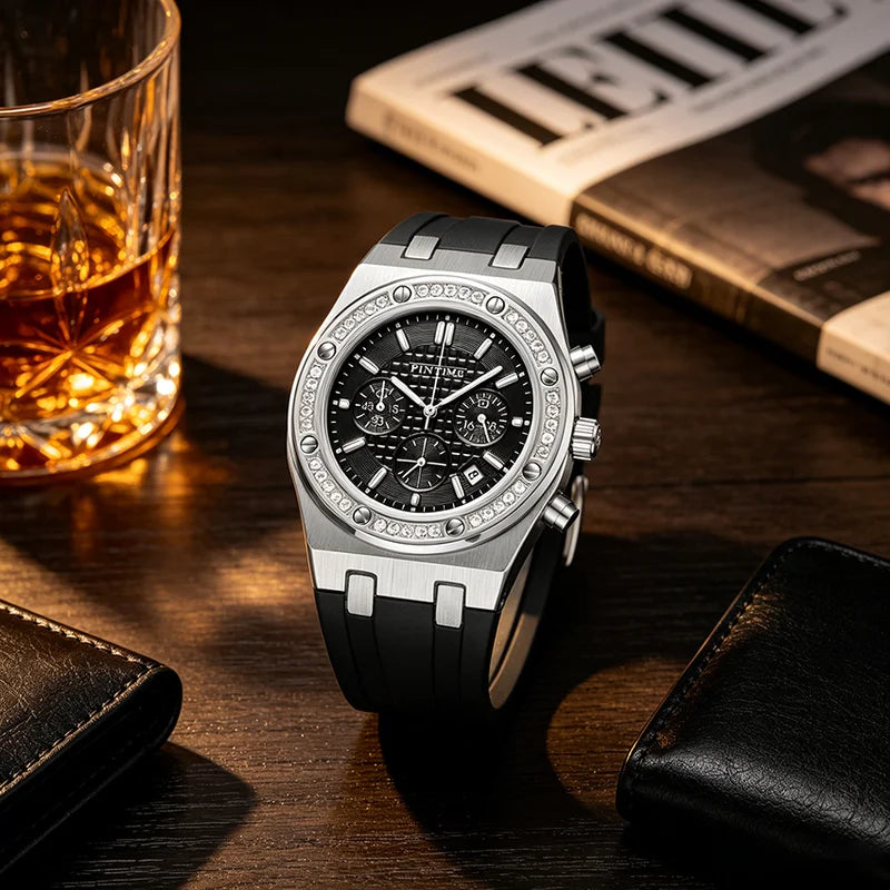 Men's Waterproof Quartz Sport Watch with Silicone Band and Diamond Iced Bezel