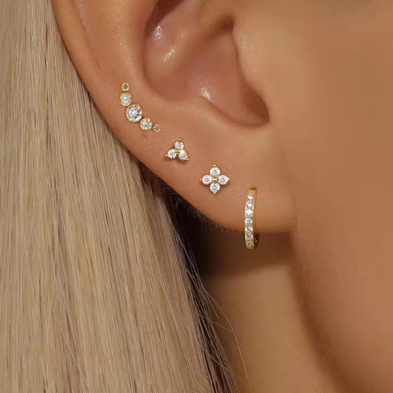 4-Pack Gold Plated Flower Round Piercing Earrings Set for Women Jewelry