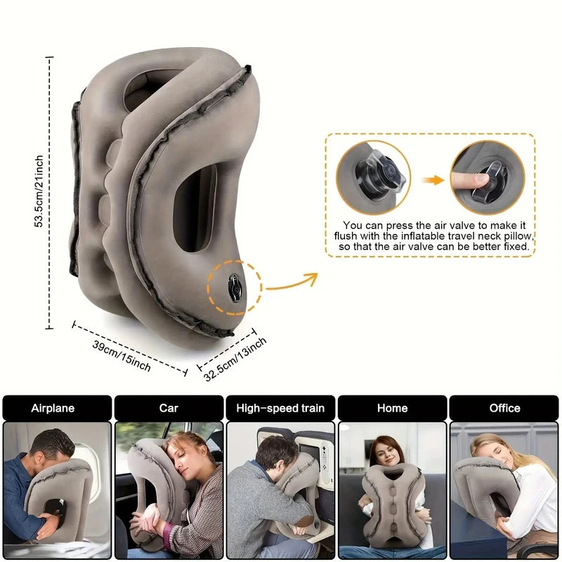 Inflatable Travel Neck Pillow with Chin Support for Airplane Car Office Resting