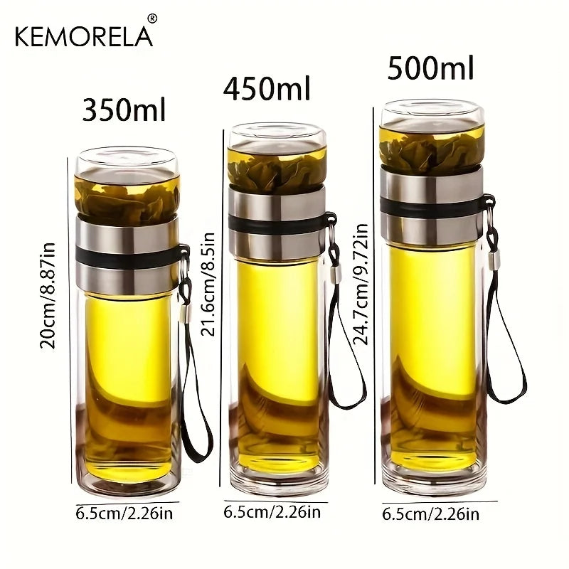 Leakproof Double-Wall Insulated Glass Tea Bottle with Water Separation 350ml-500ml Reusable Travel