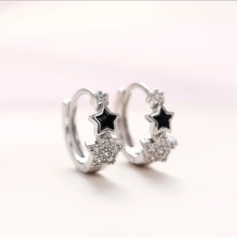 Women Star Hoop Earrings with CZ and Black Enamel - Delicate Circle Jewelry