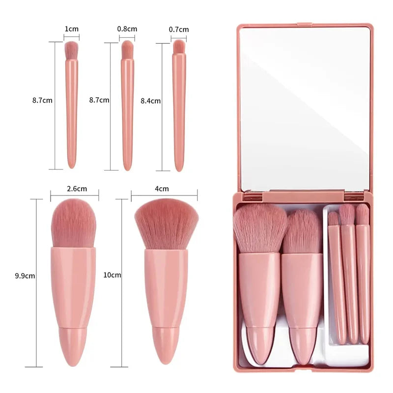 Mini Makeup Brush Set with Mirror - Travel Cosmetic Brushes, 5 Pieces