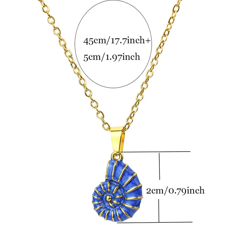 Ocean Conch Shell Pendant Necklace for Women - Stainless Steel Dripping Oil Collar Jewelry, 50cm