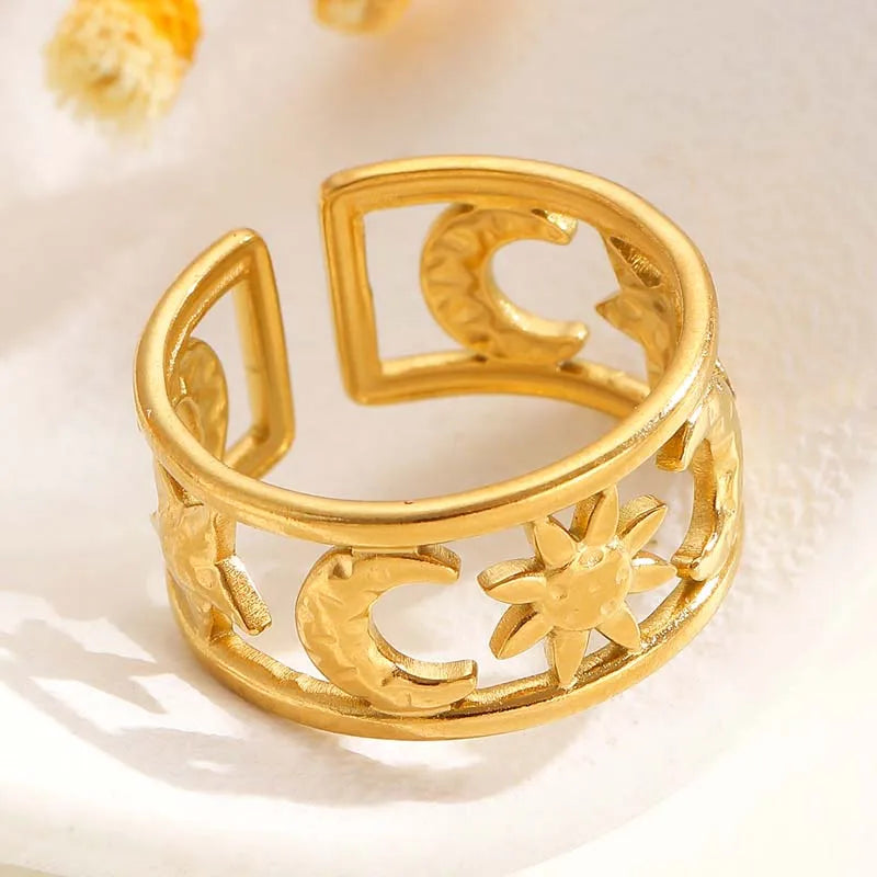 Minimalist Star & Moon Double Layer Open Rings - Waterproof Stainless Steel Jewelry Gift