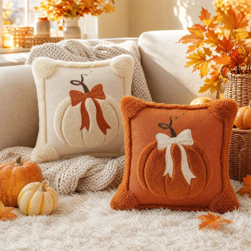 3D Plush Pumpkin Throw Pillow Cover - Fall Halloween Thanksgiving Sofa Decor