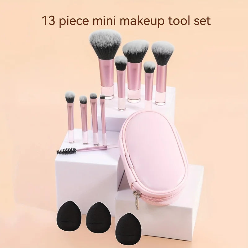 Mini Makeup Brush Set with Travel Size Puffs - Soft Bristles for Face & Eye Makeup