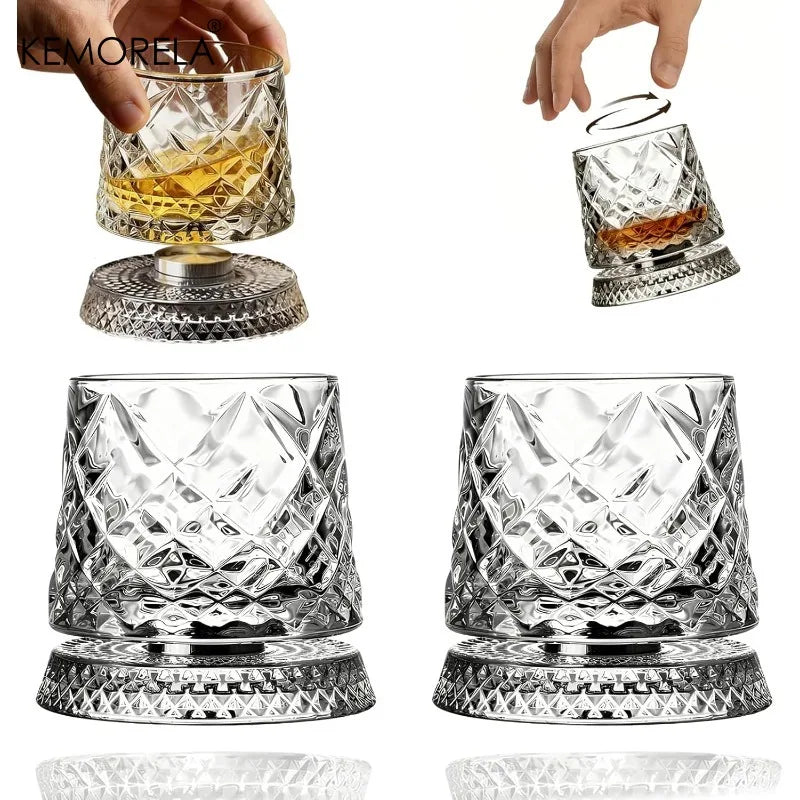 Rotating Whiskey Glass 360 Degree Crystal Beer Glass Thick Base for Bourbon Scotch