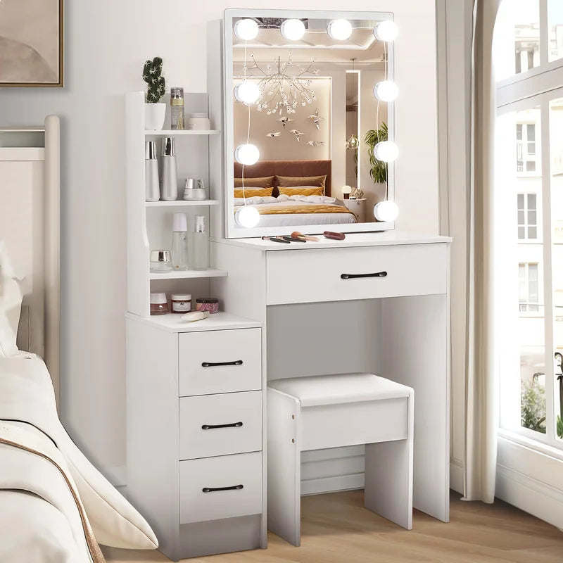Modern White Dressing Table Set with Adjustable LED Mirror & 4 Drawers