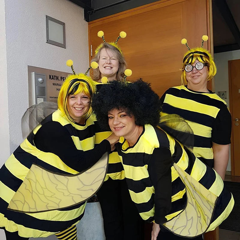 Women Halloween Bee Costume Long Sleeve Striped Patchwork Dress with Knee-high Socks & Hair Hoop