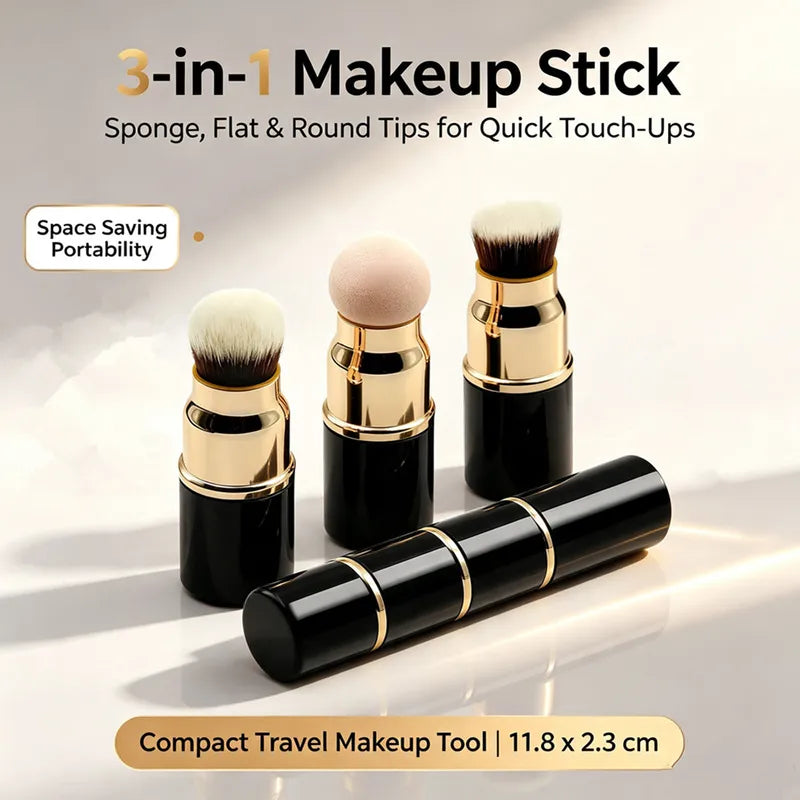 3-in-1 Portable Makeup Brush Set with Dust Cover - Compact & Detachable for Foundation Powder Blush & Sponge