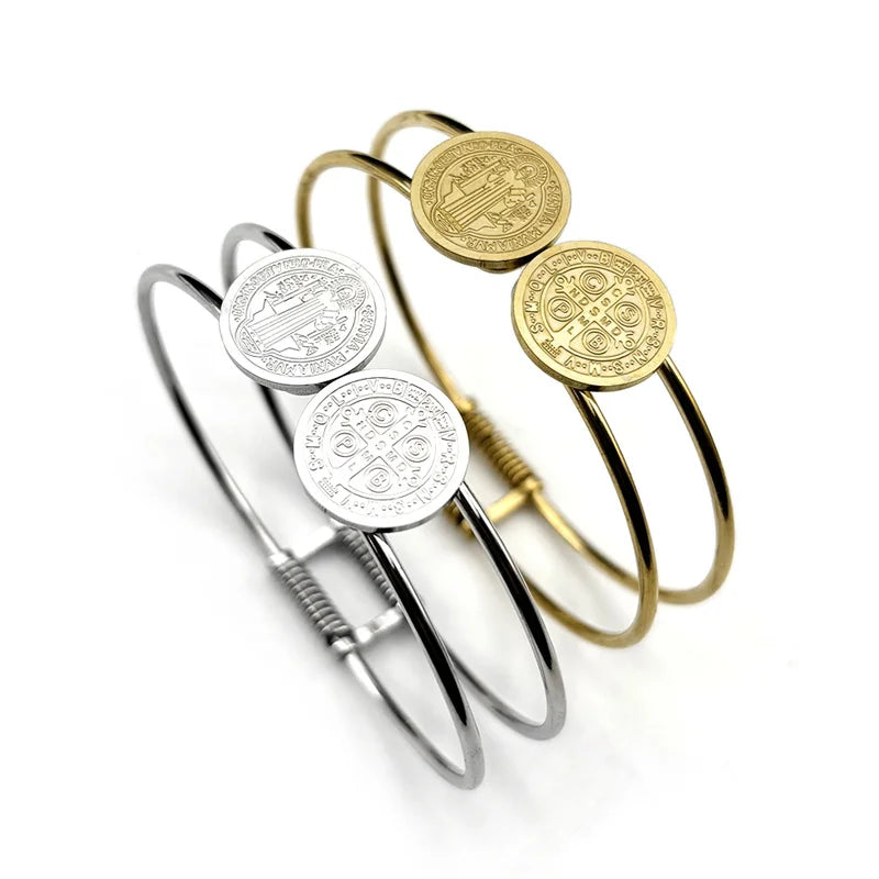 Saint Benedict Medal Bracelet for Men Women Stainless Steel Double Line Bangle Jewelry