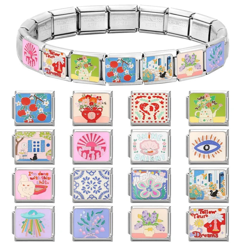 Colorful Pattern Art Cat Vase Charm Links for 9mm Stainless Steel Bracelets - DIY Jewelry Making