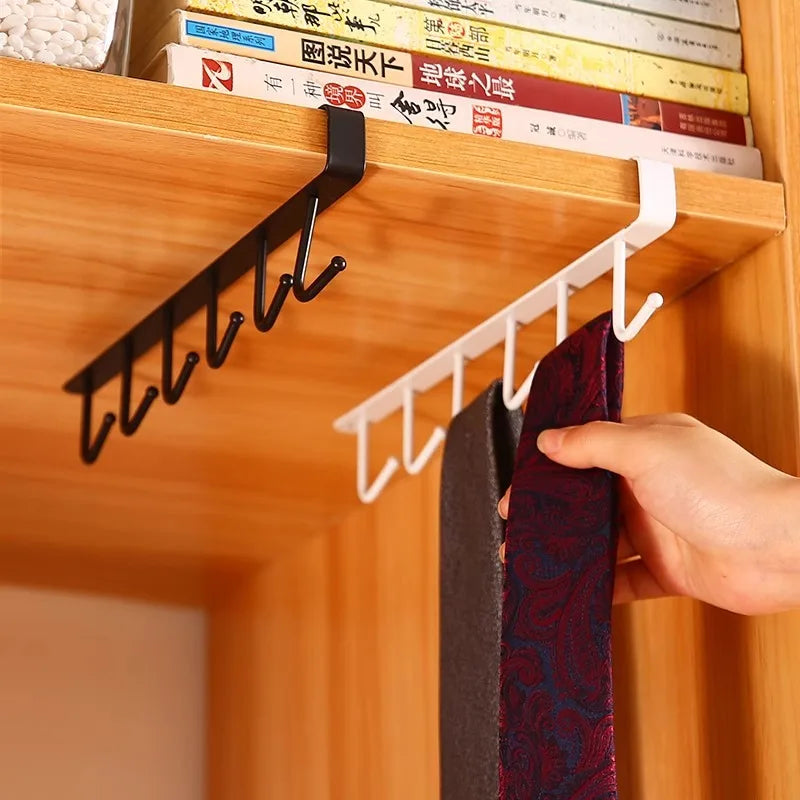 Kitchen Cabinet Bottom Shelf Hanging Hook - 6-Hook Cloth Organizer for Spatulas