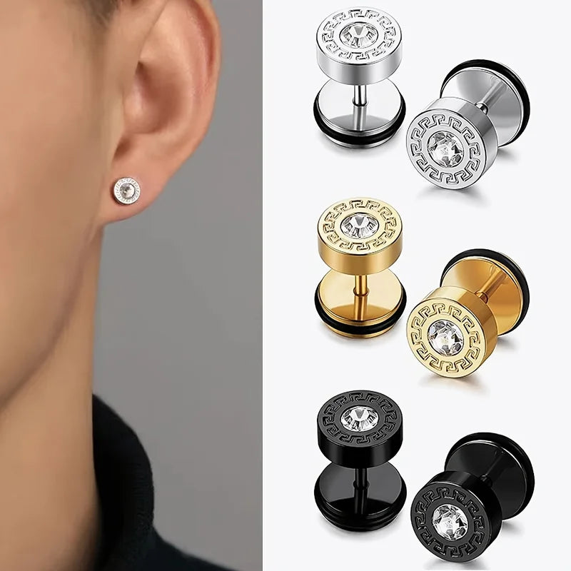 2-Pack Men's Stainless Steel Ear Studs, Hip-Hop Punk Style Piercing Accessories, Matching Couple's Jewelry