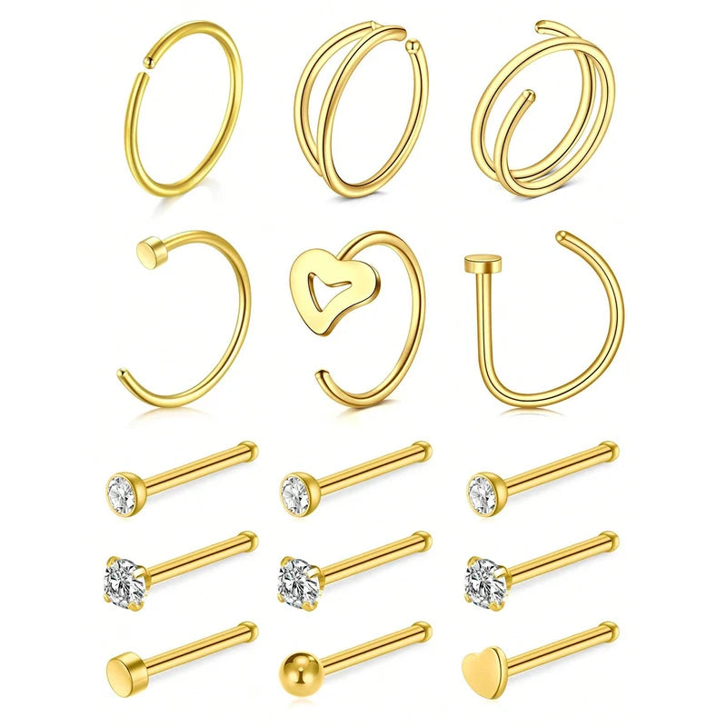 15Pcs Stainless Steel Nose Rings Studs Hoops Lip Bone Shaped Piercing Jewelry