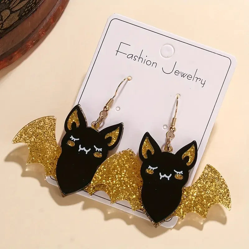 Halloween Bat Earrings - Glittery Acrylic Sequin Studs, Spliced Design, Multiple Colors