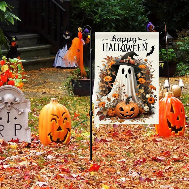 Halloween Garden Flag with Ghost Jack-o'-Lantern Bat Pumpkin and Flowers - Polyester Outdoor Decor