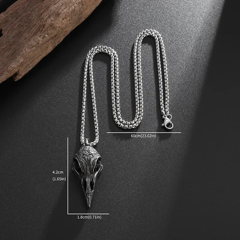 Retro Nordic Crow Skull Pendant Necklace for Men - Animal Bird Jewelry Gift