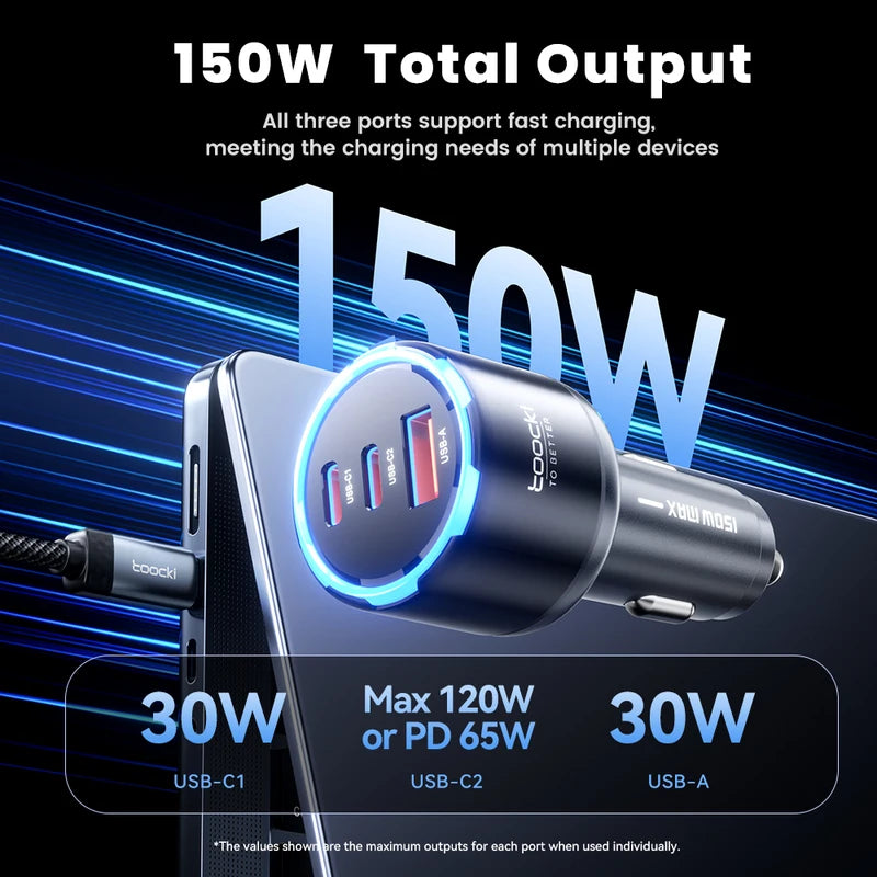 Fast Charging Car Charger with Multiple Ports - 150W Power Delivery for Smartphones & Laptops