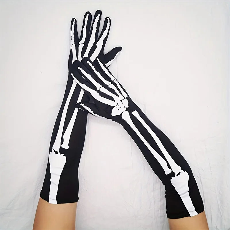Halloween Skull Gloves Long Elastic Full Finger Costume Gloves