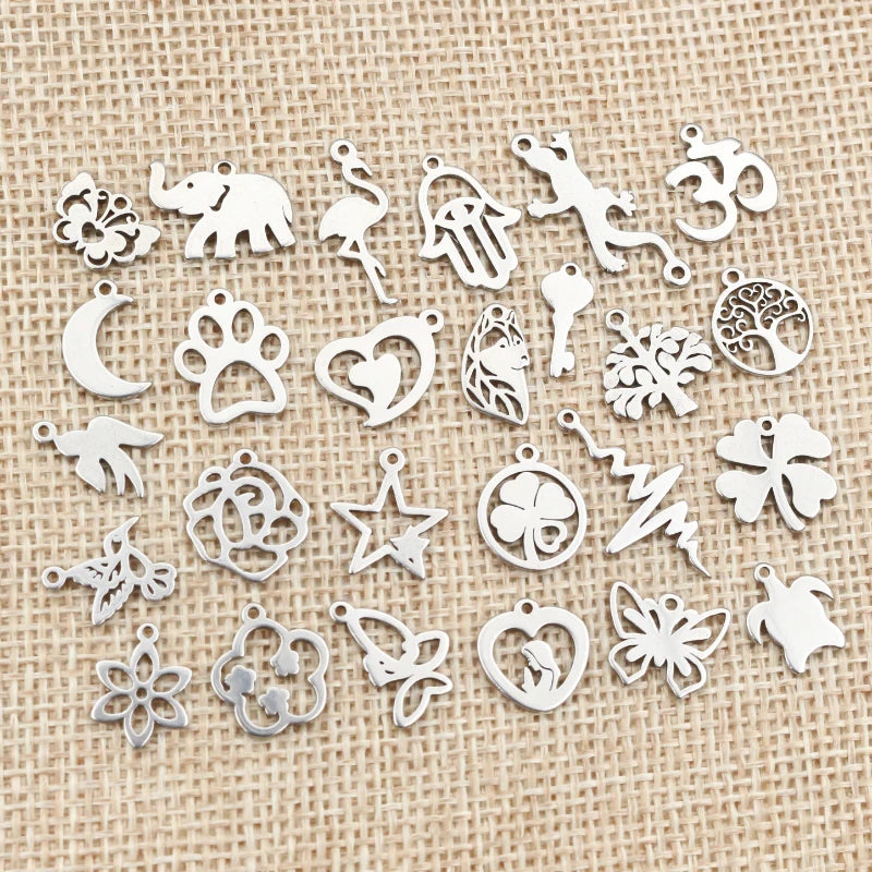 30pcs Stainless Steel Charms for Jewelry Making - Elephant Moon Star Heart Pendants