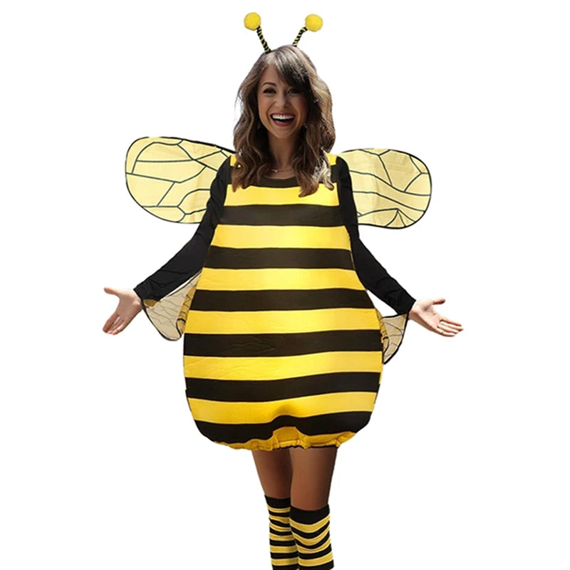 Women Halloween Bee Costume Long Sleeve Striped Patchwork Dress with Knee-high Socks & Hair Hoop