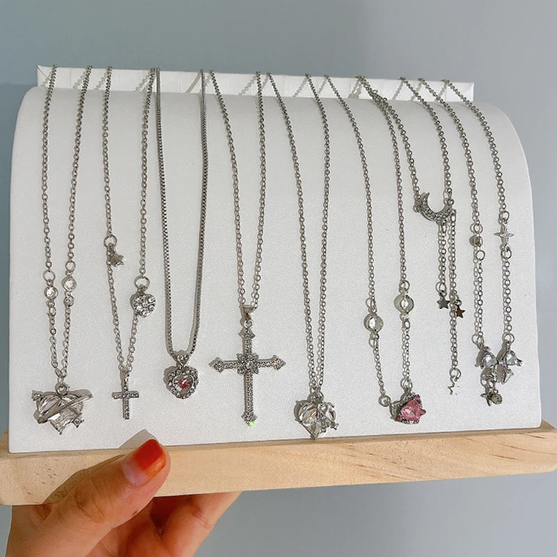 8pcs Y2K Heart Bow Cross Necklace Set for Women - Shiny Clavicle Chain Jewelry