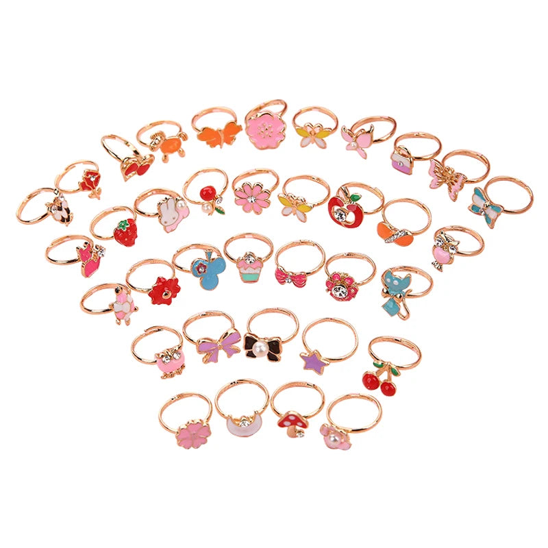 Kids Adjustable Animal Jewelry Rings Set - Cartoon Crystal Open Finger Rings for Children & Girls