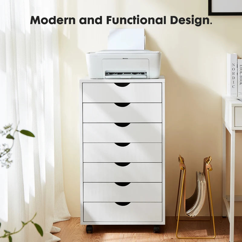 7 Drawer Wooden Storage Cabinet with Wheels - Modern Office & Living Room Organizer