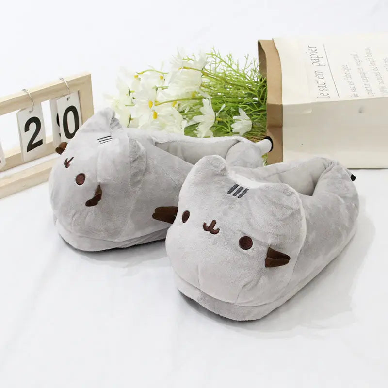 Gray Cat Slippers Cozy Indoor Footwear for Men Women - Fluffy Autumn Winter Gift