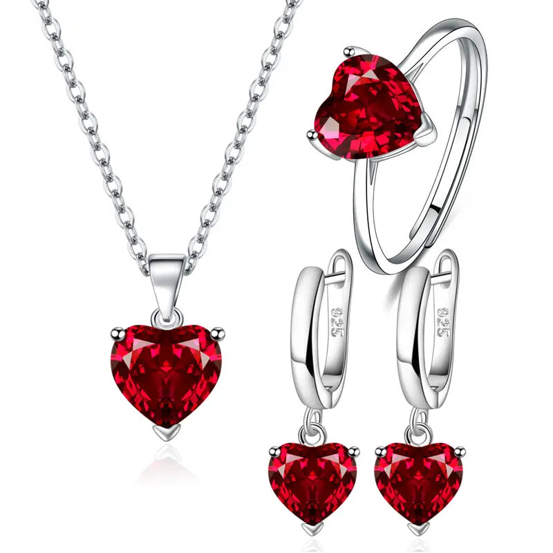 Sterling Silver Jewelry Set for Women Heart Zircon Ring Earrings Necklace Bridal Wedding