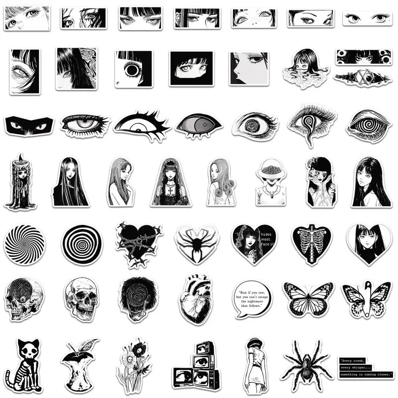 Anime Horror Girl Stickers 50PCS Black & White Aesthetic DIY Scrapbooking Notebook Laptop Luggage Skateboard Car Decals