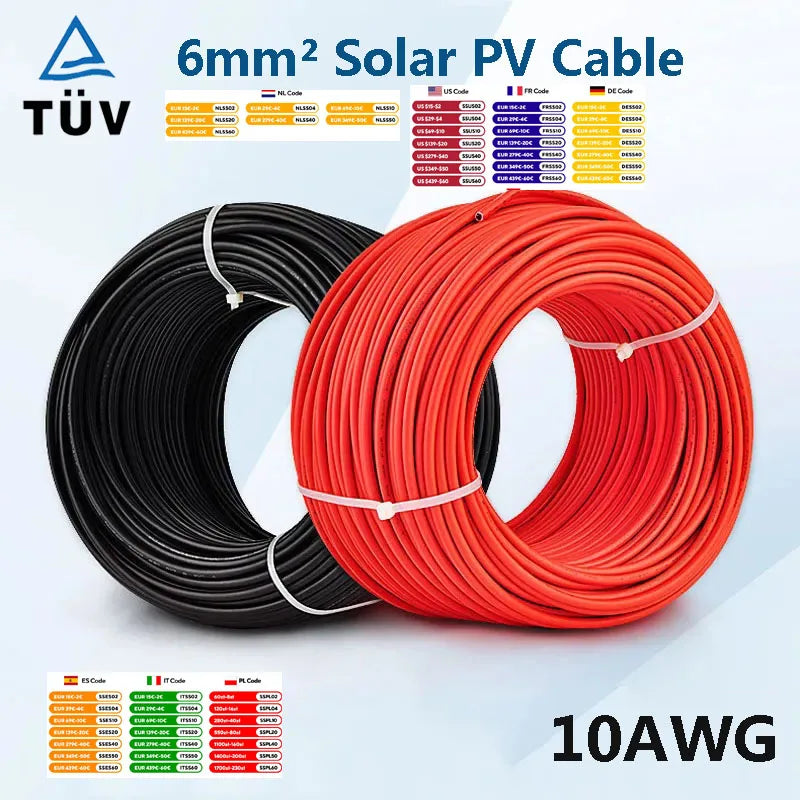 Solar Cable 10AWG 30M 50M 100M 6mm² PV Power Wire Black or Red