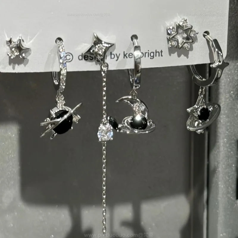 6-Piece Trendy Dark Butterfly Heart Star Cross Zircon Earrings Set for Women
