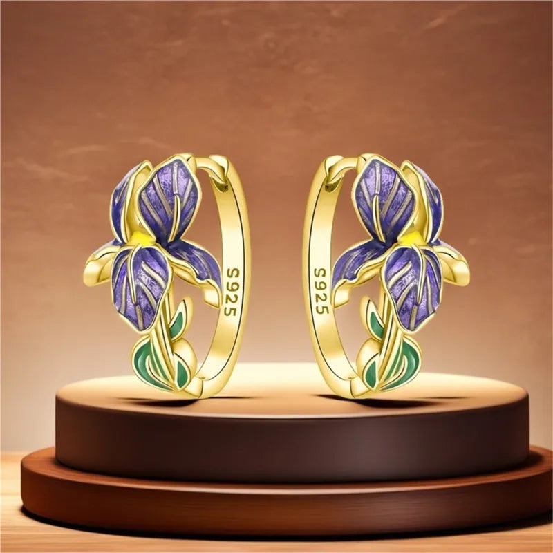 Sterling Silver Iris Flower Earrings for Women – Versatile Hoop Jewelry Gift