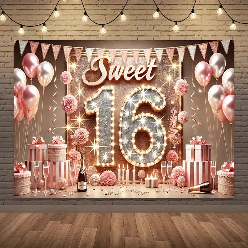 Sweet 16 Birthday Banner Decoration Polyester Background for Celebration