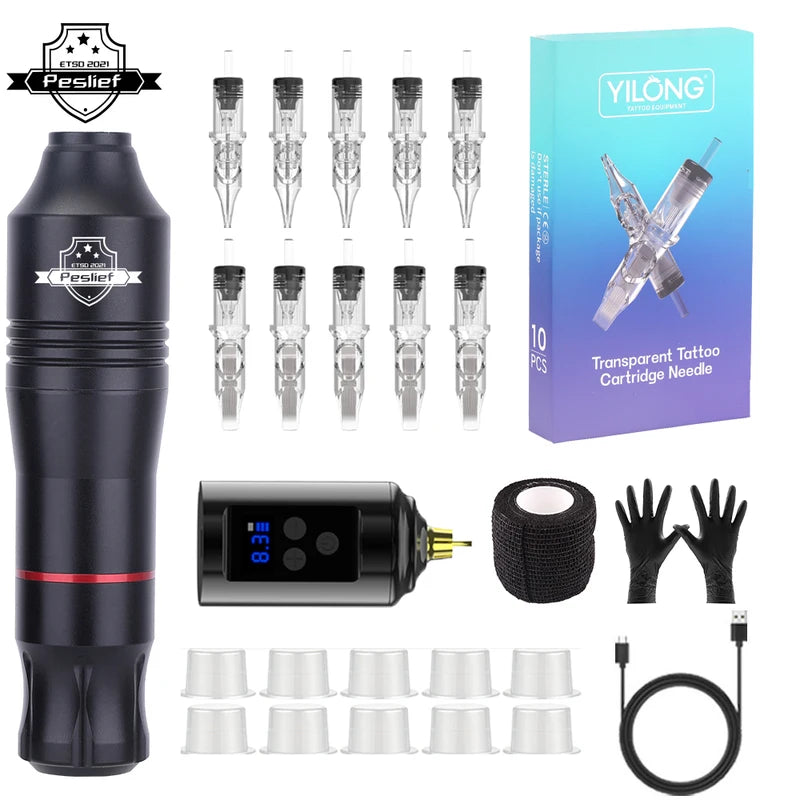 Wireless Rotary Tattoo Kit with 10 Cartridges - Portable Permanent Makeup Set