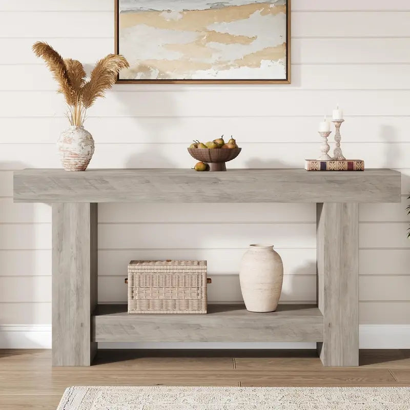 Farmhouse 63-Inch Console Table with H-Base, 2-Tier Entryway & Living Room Storage