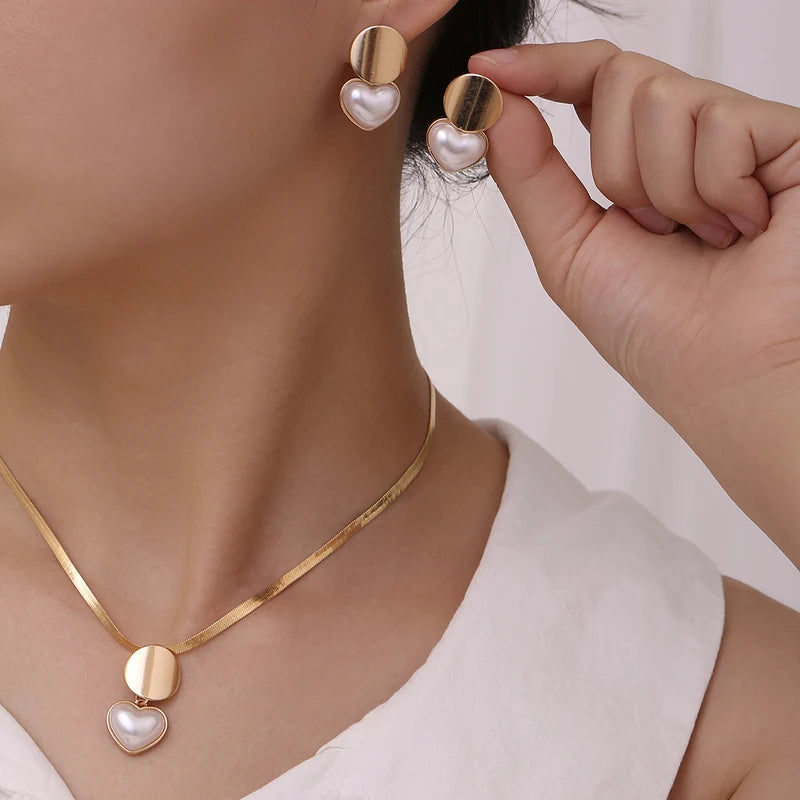 Heart Shaped Pearl Jewelry Set for Women - Earrings and Necklace