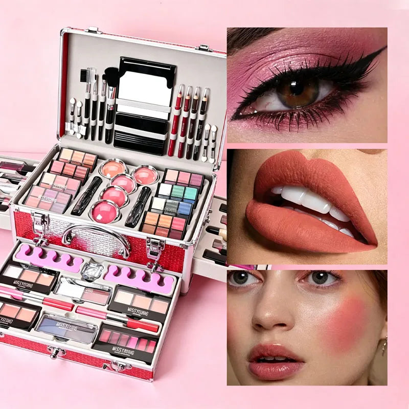 All-in-One Makeup Set with 106 Shades & Tools - Gift Box for Beginners & Teens (Red)