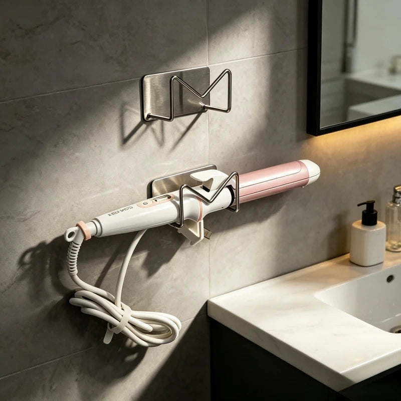 Wall Mounted Hair Dryer & Curling Iron Holder Stainless Steel Bathroom Organizer